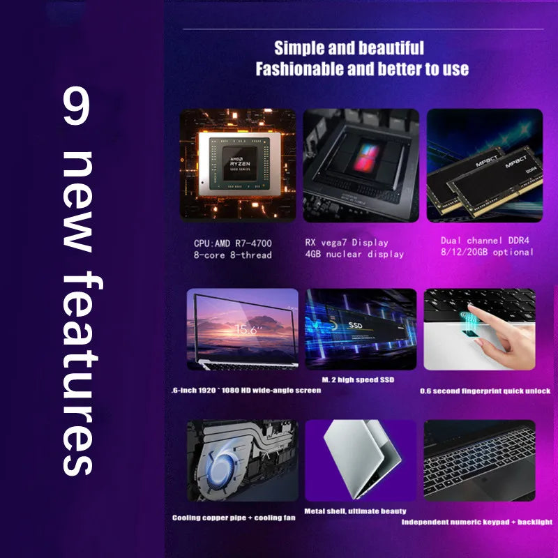 2025new 15.6-inch Metal Laptop Backlit AMD R7-4700 Lightweight Portable Business Office Design Computer 20GB Ram 256G 1TB SSD