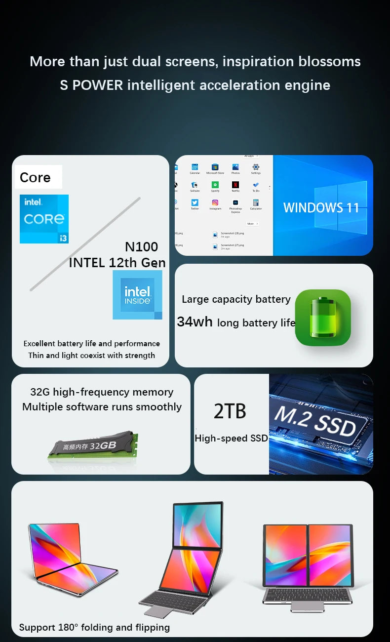 Dual Screen Notebook Intel N100 32GB DDR4 2TB SSD 10.9*2 Inch Touch Screen 2 in 1 Laptop Tablet Portable Business Computer WIFI6