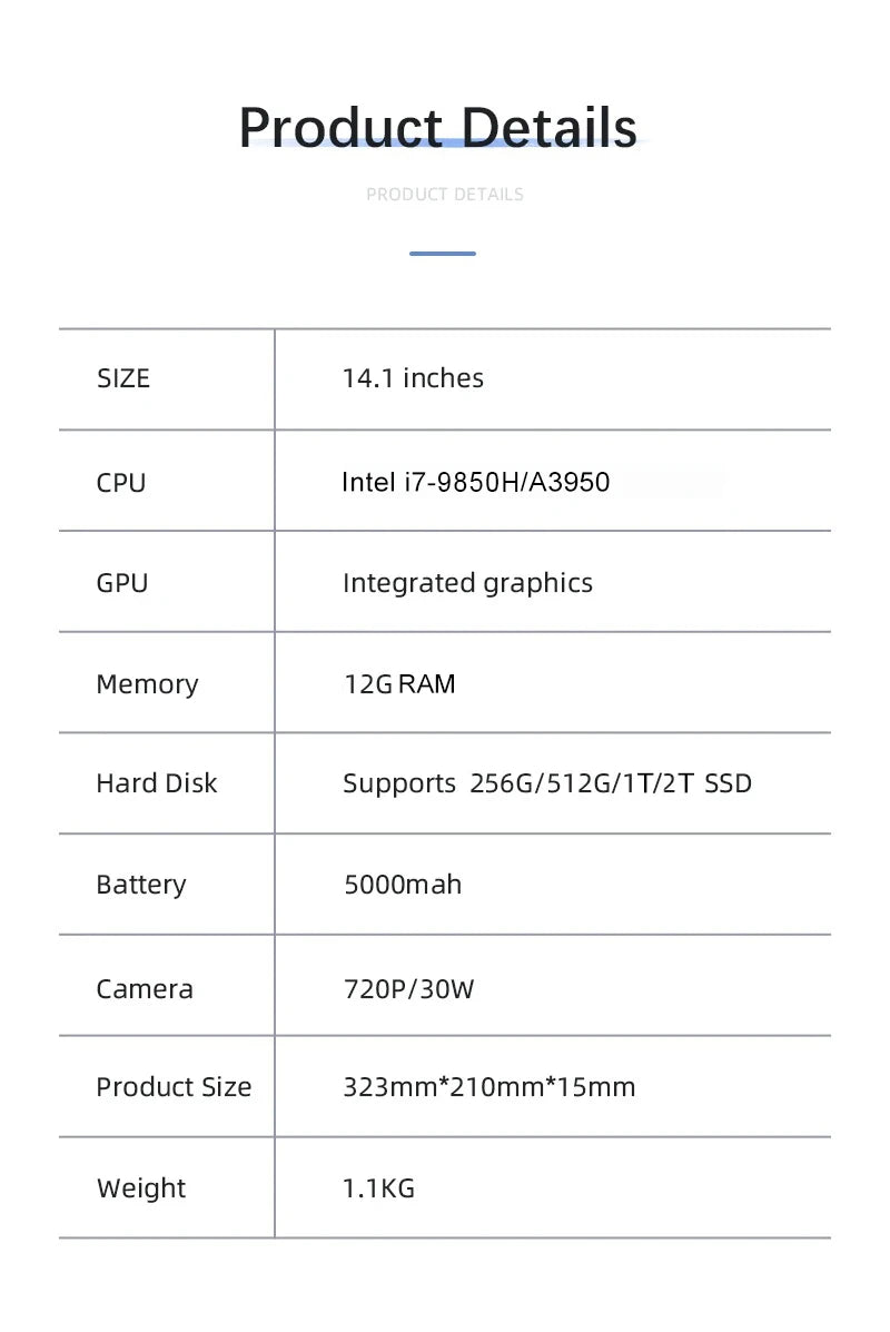 14.1"Laptop Computer Intel Core i7 9850H Atom 3950 Ultra slim Notebook PC 12GB RAM 1TB 2TB SSD Office Study 1920*1080 Windows 11