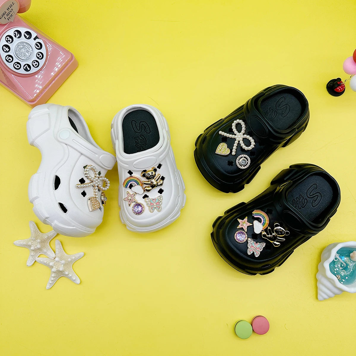 Cute and Versatile Parent-Child Slippers for Boys and Girls, New Cartoon Bow-Knot Rainbow Bear Eva Clogs, Soft-Soled Non-Slip Closed-Toe Sandals 606