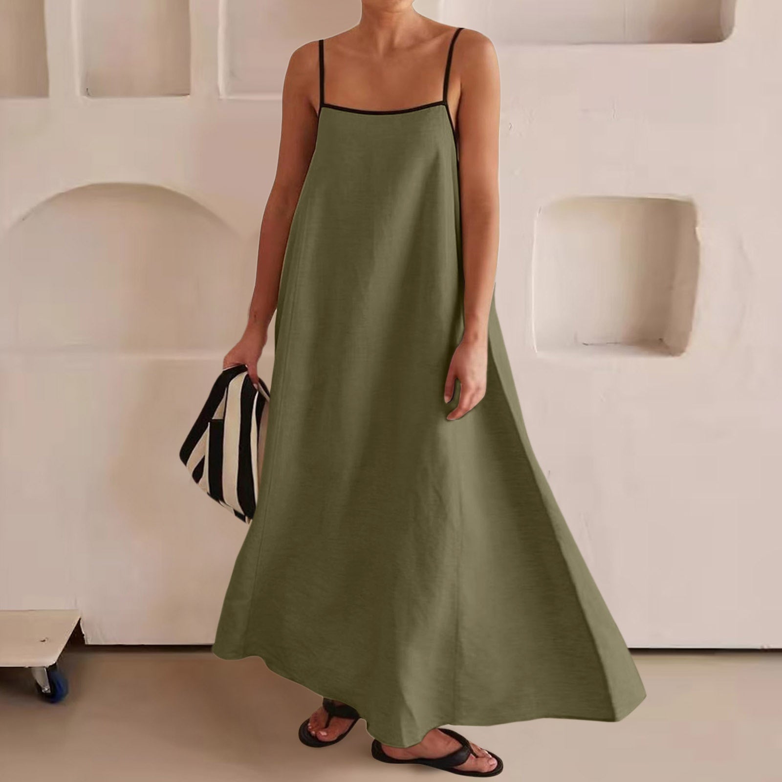 Loose Black Suspender Dress Summer Fashion Contrast-color Cotton And Linen Sling Swing Long Dresses Square Neck Women's Clothing