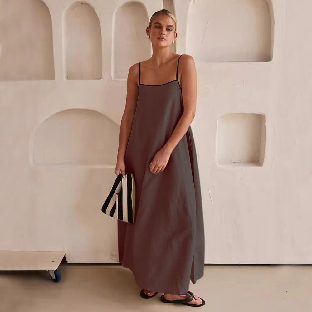 Loose Black Suspender Dress Summer Fashion Contrast-color Cotton And Linen Sling Swing Long Dresses Square Neck Women's Clothing