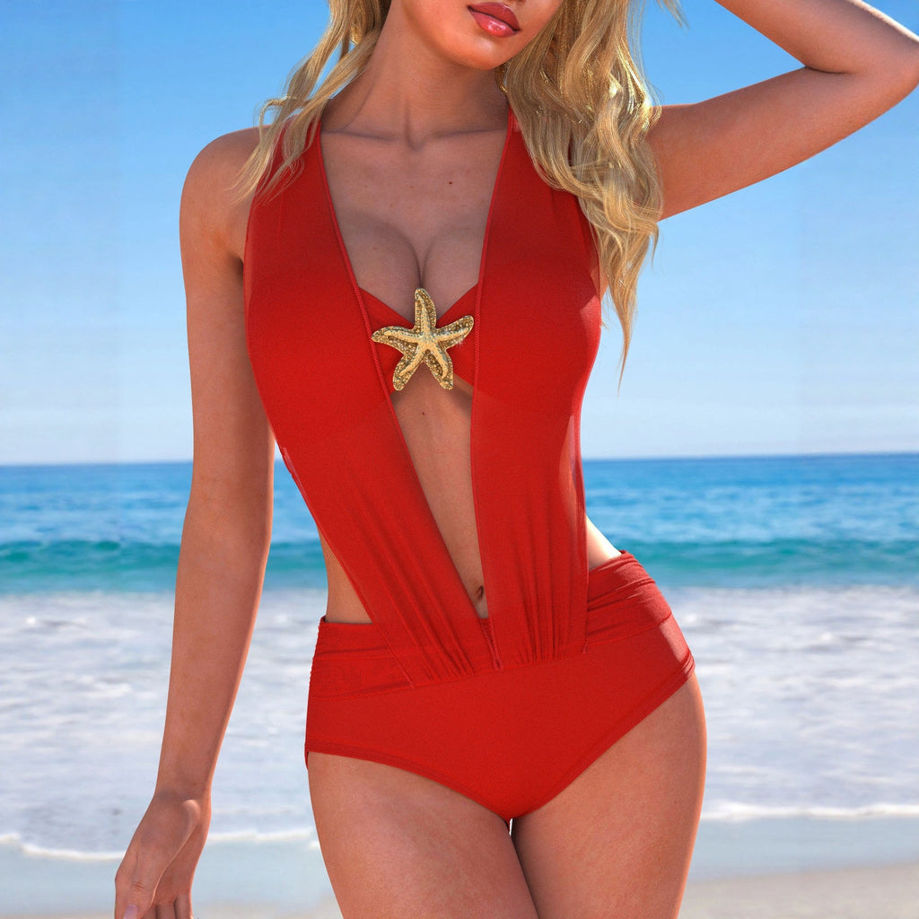 New Womens One-Piece Beach Swimsuit Solid Color