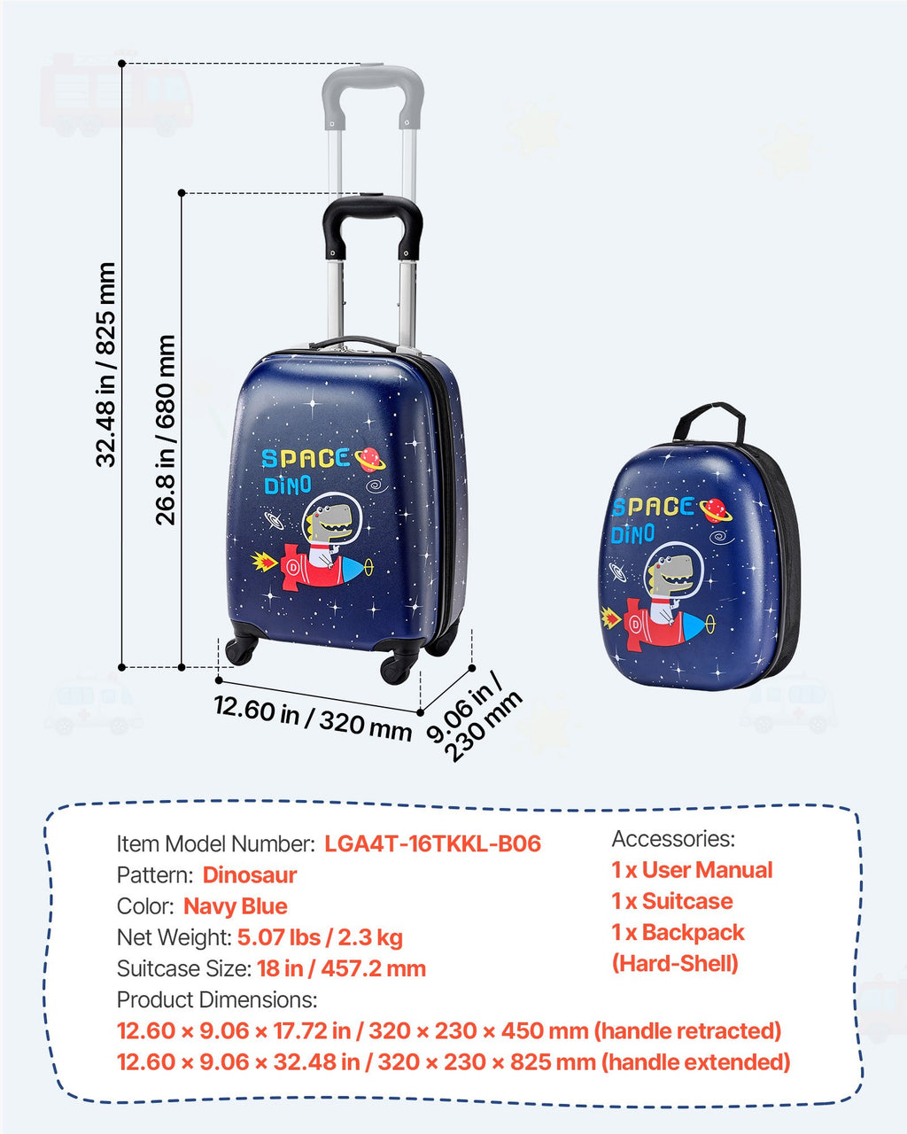Kids Luggage Set, 2 Piece, 18 Inch Hardside Rolling Wheels Suitcase With Hard-Shell Backpack, Dinosaur Kids Carry On Luggage Set, Holiday Birthday Gift For Girls & Boys, Airline Approved