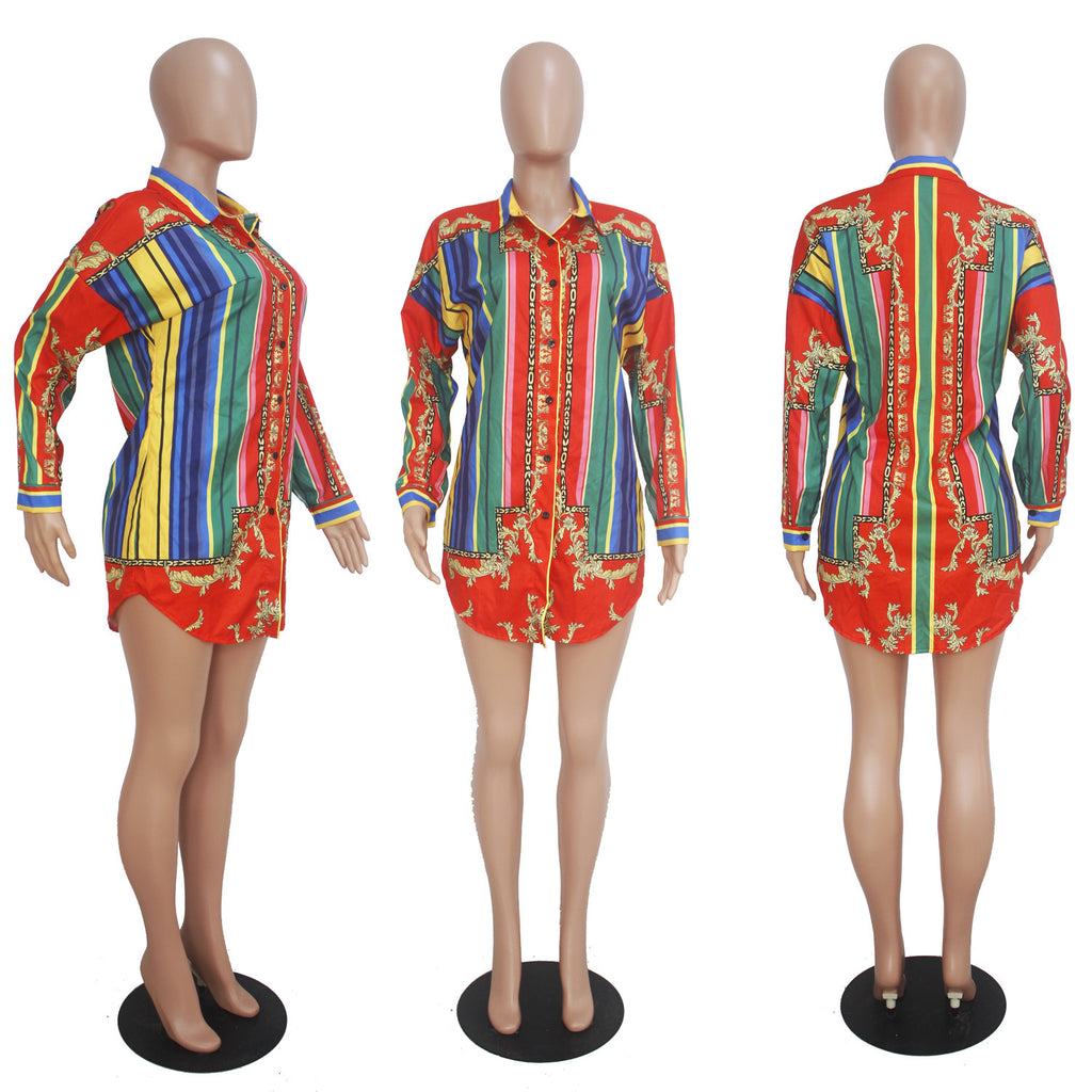Color Striped Long Sleeve Shirt Dress