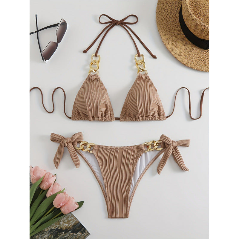 Womens Sexy Two-Piece Chain-Embellished Swimsuit Bikini Set