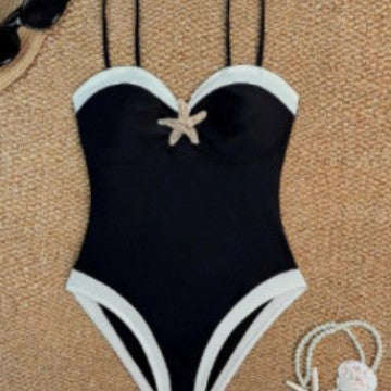 Womens Patchwork Solid-Color One-Piece Bikini Swimsuit