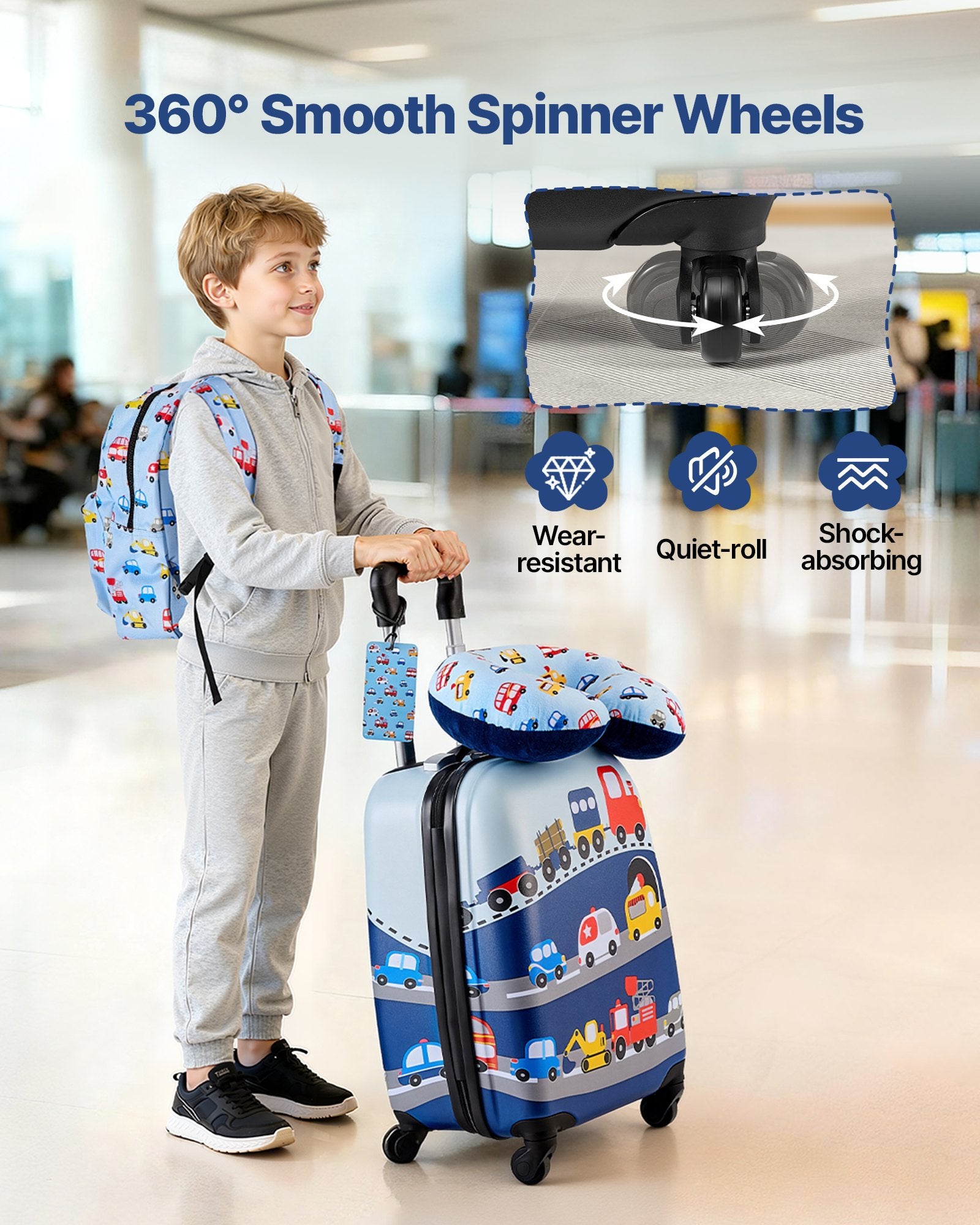 Kids Luggage Set, 5 Piece, 18 Inch Hardside Rolling Wheels Suitcase With Backpack & U-shape Pillow, Truck Kids Carry On Luggage Set, Holiday Birthday Gift For Girls Boys, Airline Approved