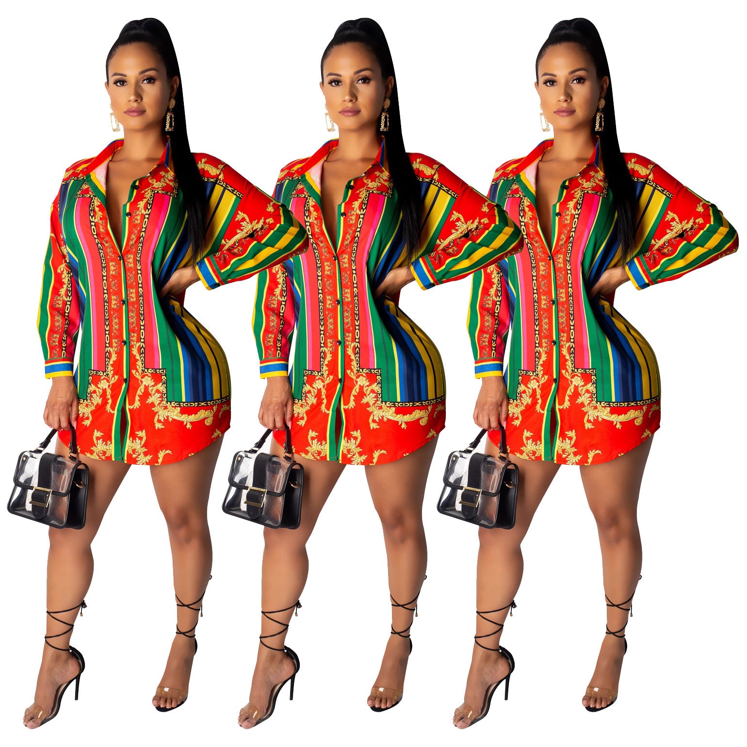Color Striped Long Sleeve Shirt Dress