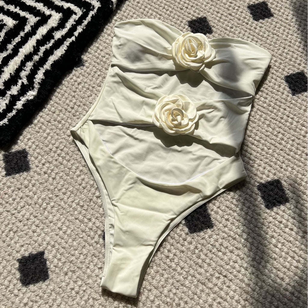 Womens Sexy Hollow-Out Rose Floral One-Piece Swimsuit Bikini