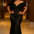 Off Shoulder Guipure Lace Party Maxi Fishtail Dresses-Black