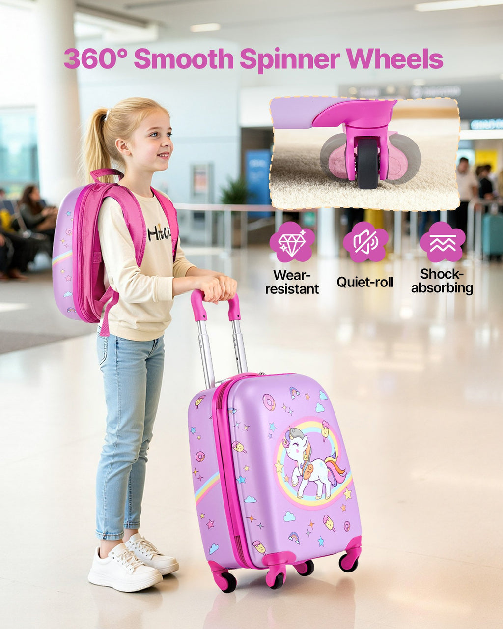 Kids Luggage Set, 2 Piece, 18 Inch Hardside Rolling Wheels Suitcase With Hard-Shell Backpack, Unicorn Kids Carry On Luggage Set, Holiday Birthday Gift For Girls & Boys, Airline Approved