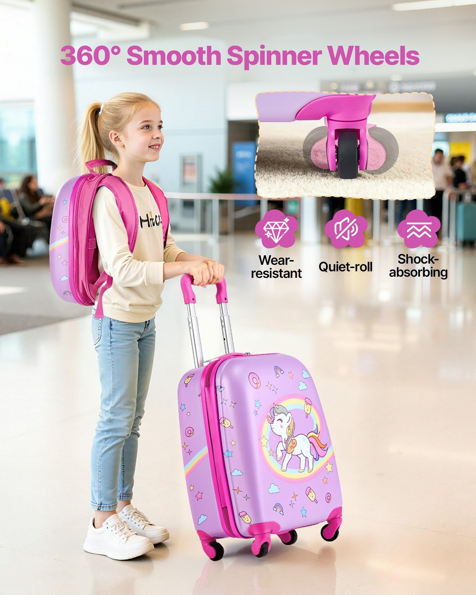 Kids Luggage Set, 2 Piece, 18 Inch Hardside Rolling Wheels Suitcase With Hard-Shell Backpack, Unicorn Kids Carry On Luggage Set, Holiday Birthday Gift For Girls & Boys, Airline Approved