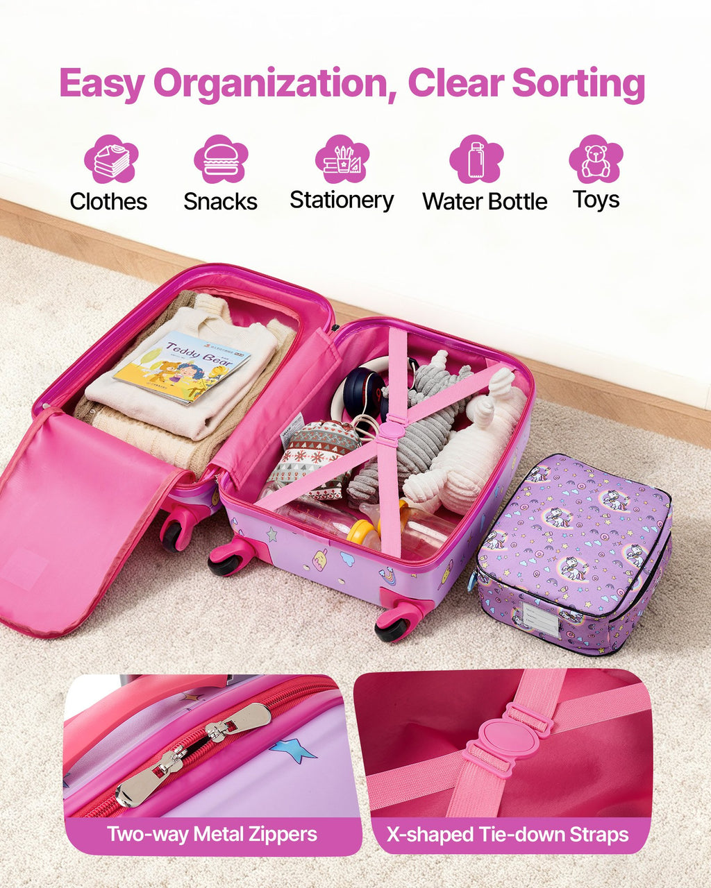 Kids Luggage Set, 5 Piece, 18 Inch Hardside Rolling Wheels Suitcase With Backpack & U-shape Pillow, Unicorn Kids Carry On Luggage Set, Holiday Birthday Gift For Girls Boys, Airline Approved