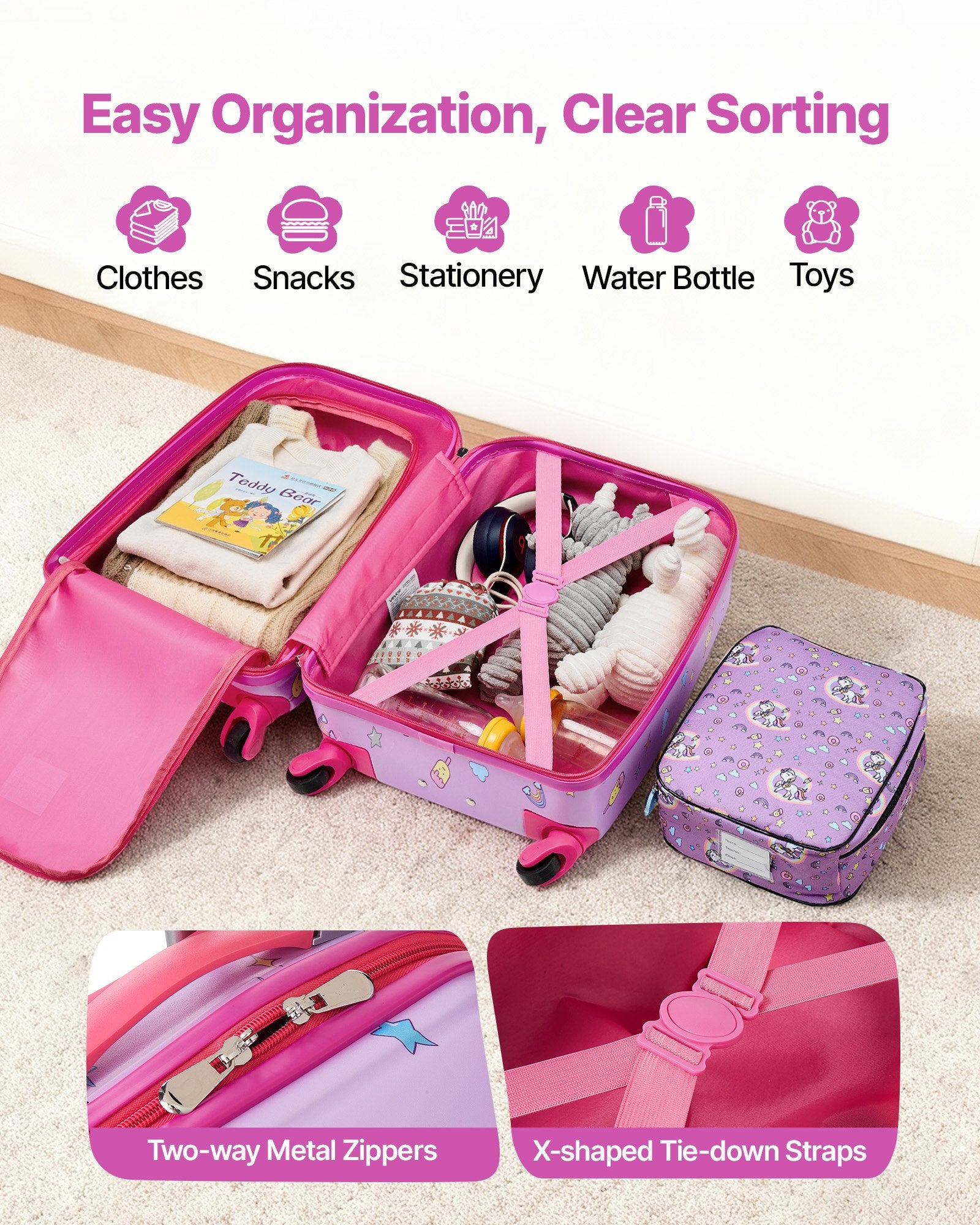 Kids Luggage Set, 5 Piece, 18 Inch Hardside Rolling Wheels Suitcase With Backpack & U-shape Pillow, Unicorn Kids Carry On Luggage Set, Holiday Birthday Gift For Girls Boys, Airline Approved