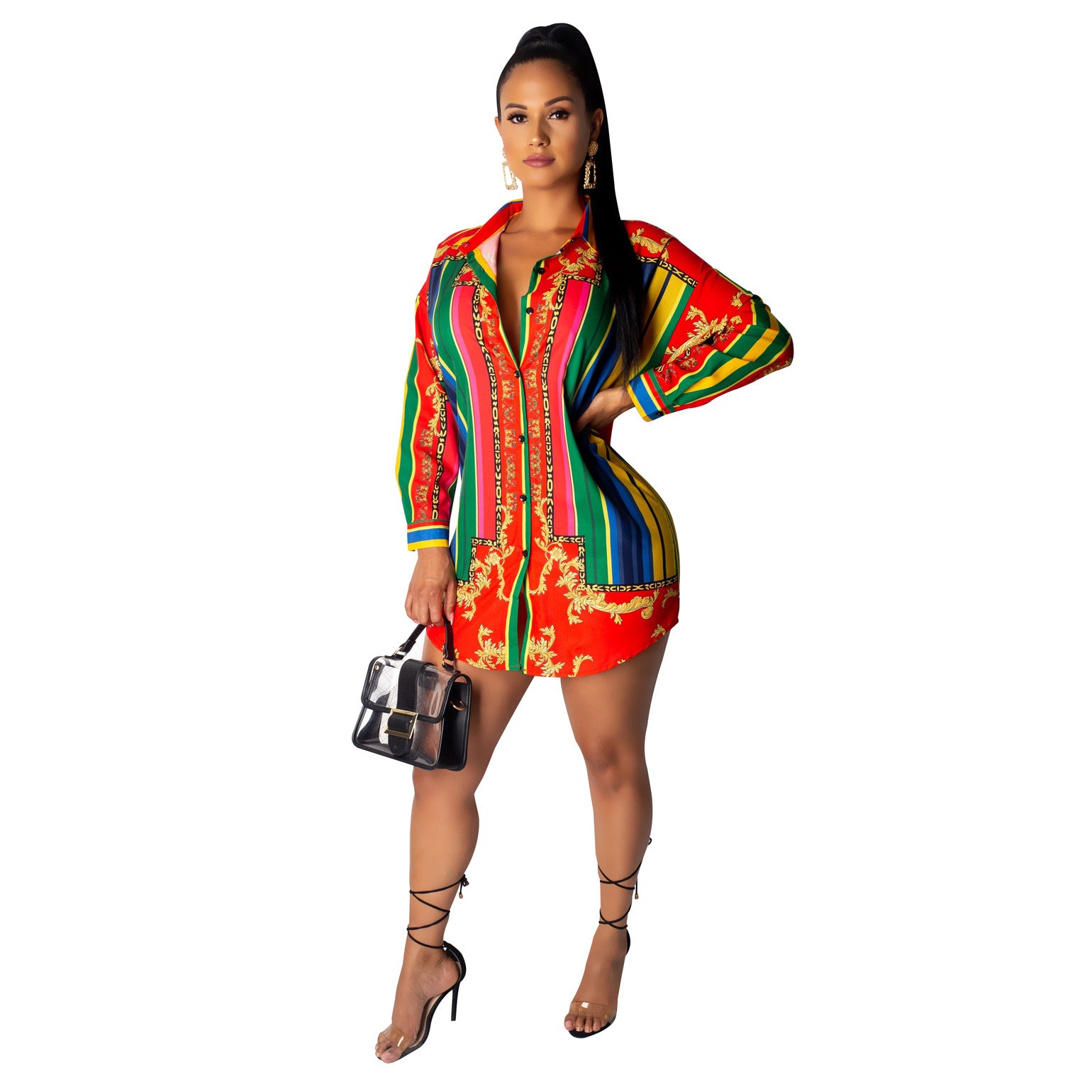 Color Striped Long Sleeve Shirt Dress