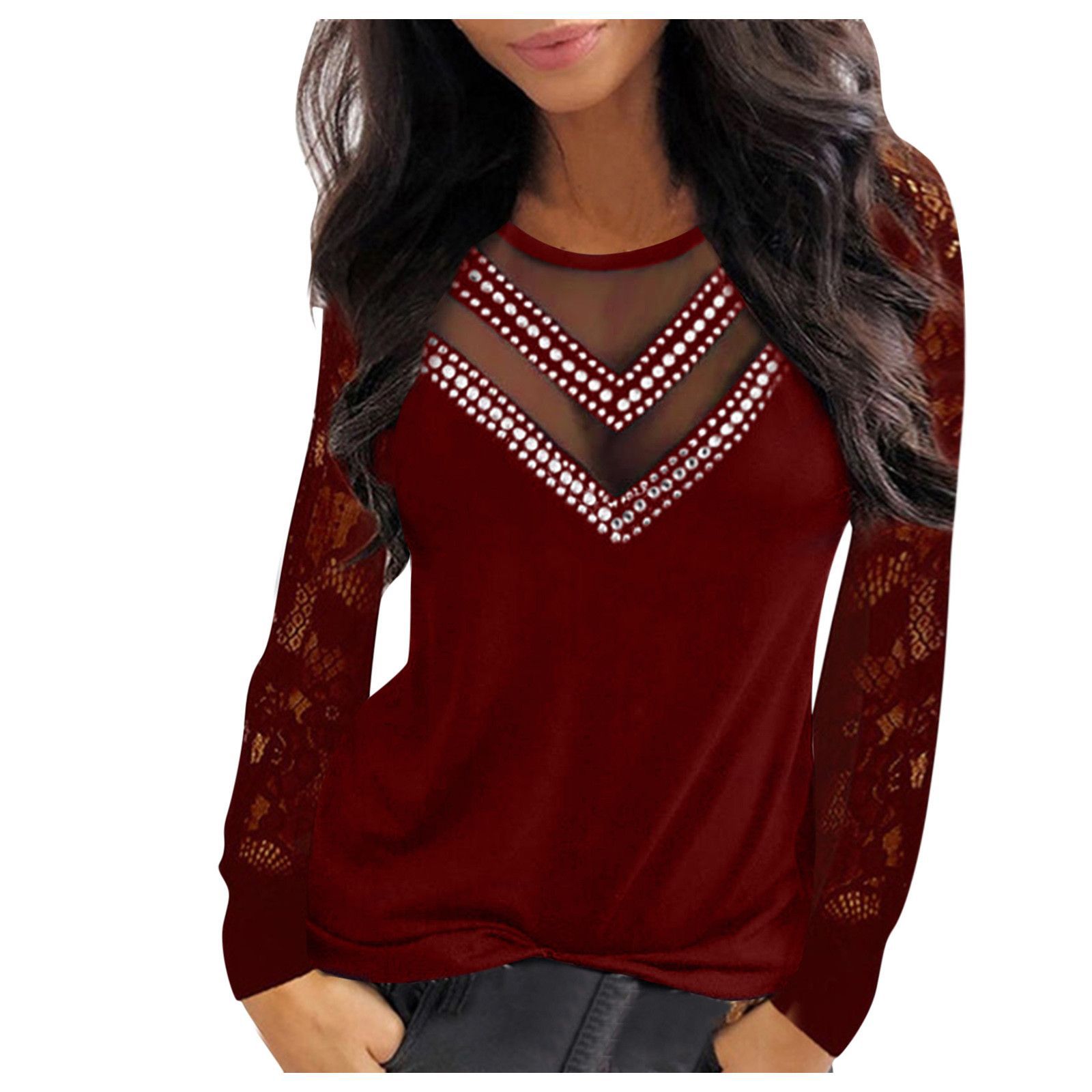 Ladies Lace Stitching Dot Drill Top