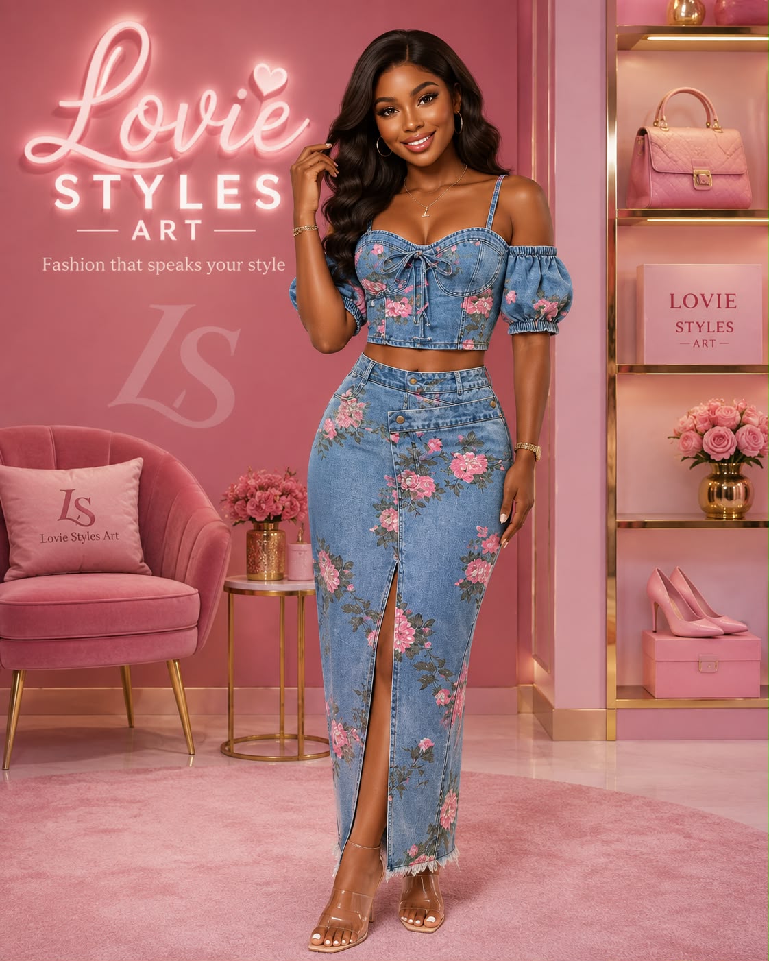 Denim Suspender Top Two-Piece Set High-Waist Asymmetrical Slit Skirt