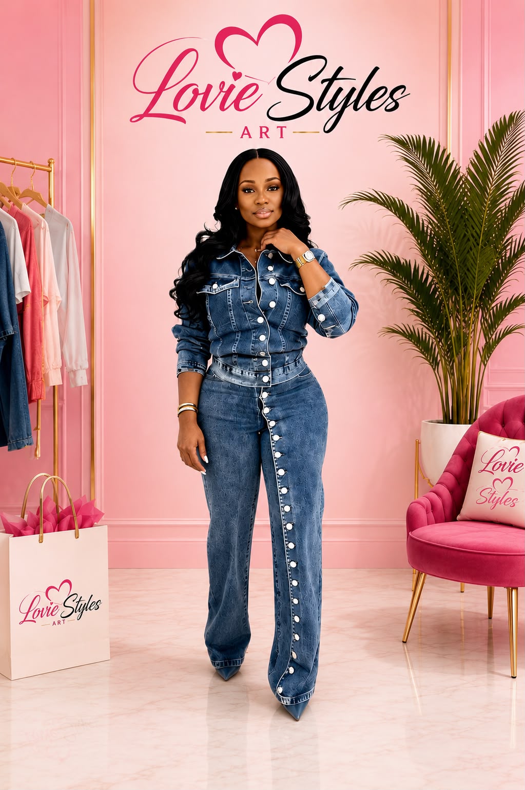 High-stretch Double-breasted Button-front Washed Denim Casual Two-piece Set