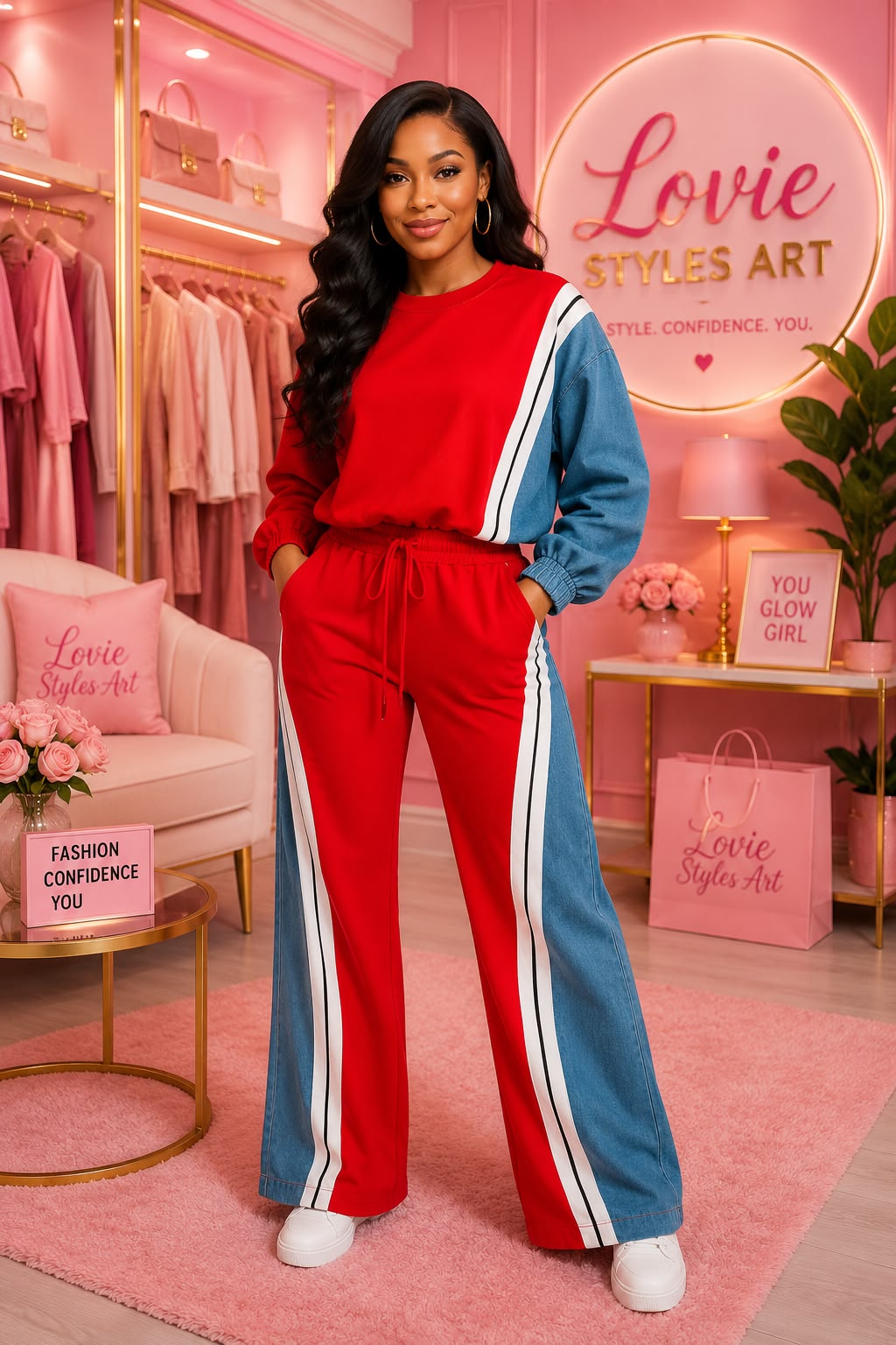 Color-block Hoodie High-waisted Denim Patchwork Wide-leg Pants Two-piece Set